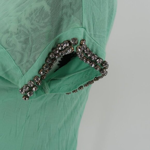 INC International Concepts Teal Semi Sheer T-Shirt Rhinestone Detail Sleeves XS - Picture 4 of 9